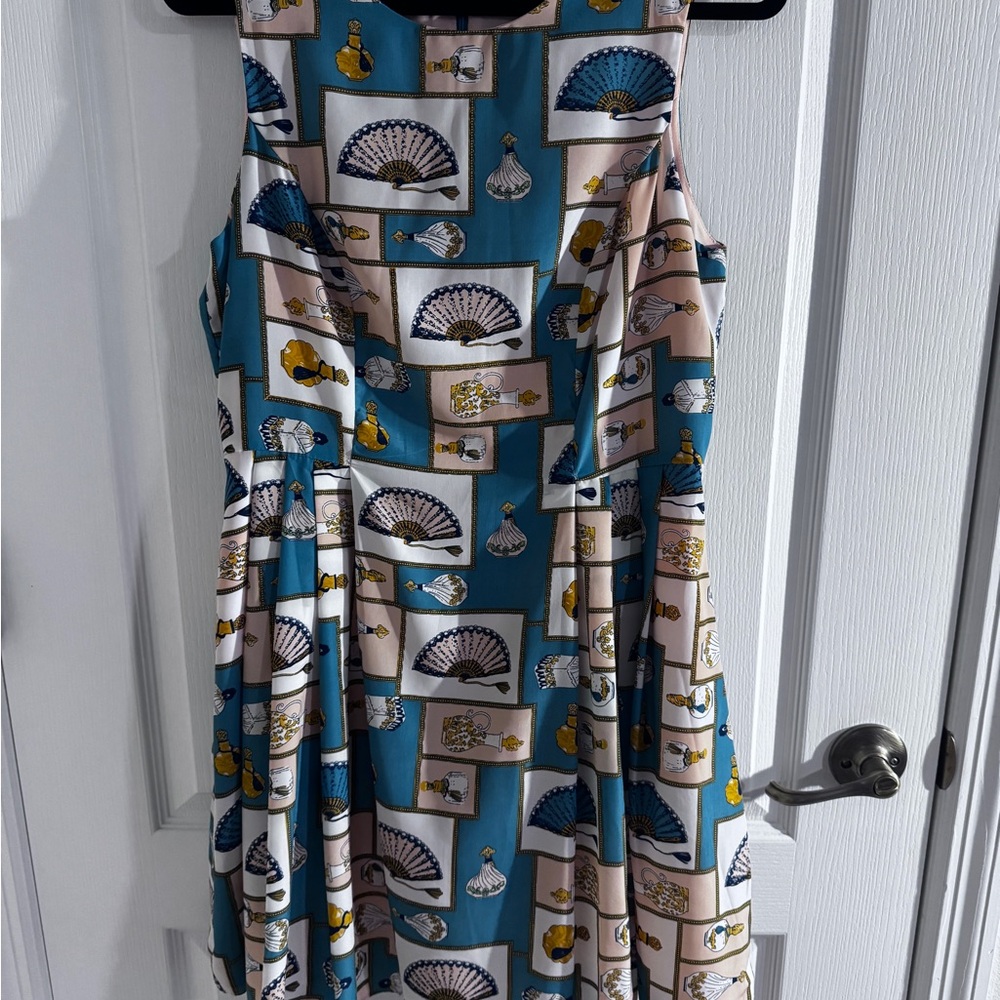 Darling Dress with Fan Print in Teal and Cream